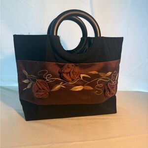 Elegant Black and Brown Silk Embroidered Handbag